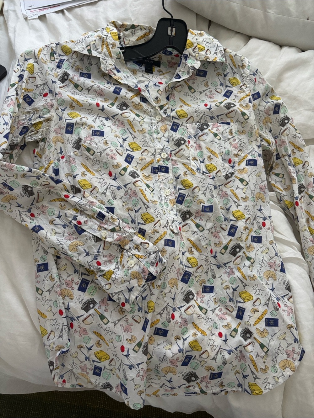J. Crew White Button-Down Shirt with Paris Icons Print